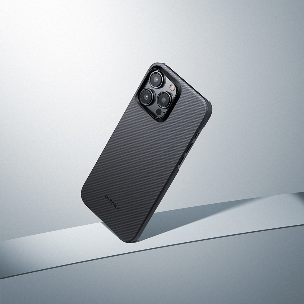 Apple iPhone 15 Pro Uyumlu Kılıf Magsafe Şarj Özellikli 600D Aramid Fiber Pitaka Ultra-Slim Classic Serisi Black-Grey Twill Kapak - 11