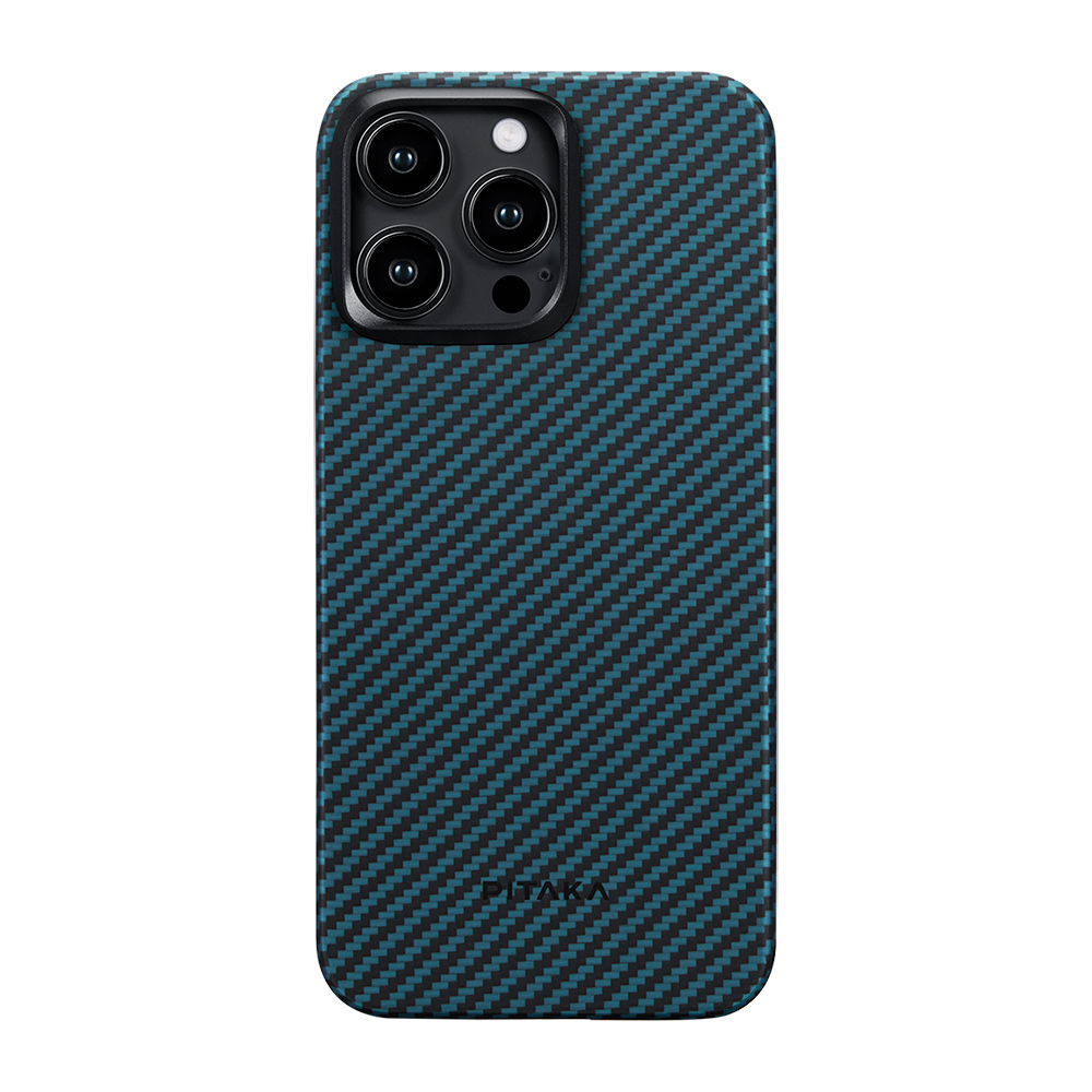 Apple iPhone 15 Pro Uyumlu Kılıf Magsafe Şarj Özellikli 1500D Aramid Fiber Pitaka Ultra-Slim Classic Serisi Black-Blue Twill Kapak - 1