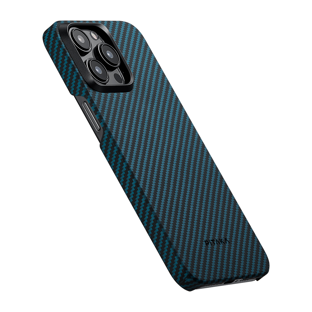 Apple iPhone 15 Pro Uyumlu Kılıf Magsafe Şarj Özellikli 1500D Aramid Fiber Pitaka Ultra-Slim Classic Serisi Black-Blue Twill Kapak - 4