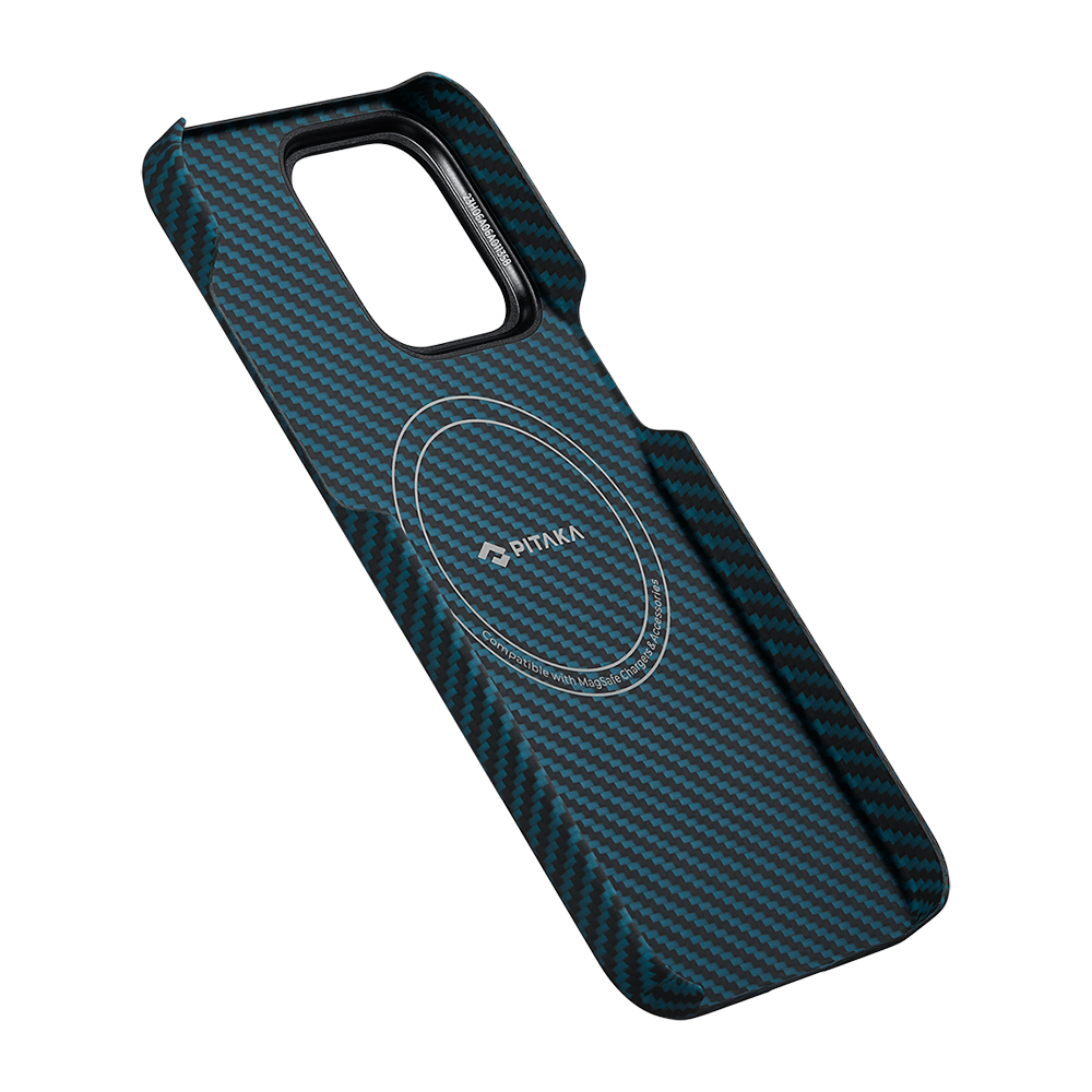 Apple iPhone 15 Pro Uyumlu Kılıf Magsafe Şarj Özellikli 1500D Aramid Fiber Pitaka Ultra-Slim Classic Serisi Black-Blue Twill Kapak - 11