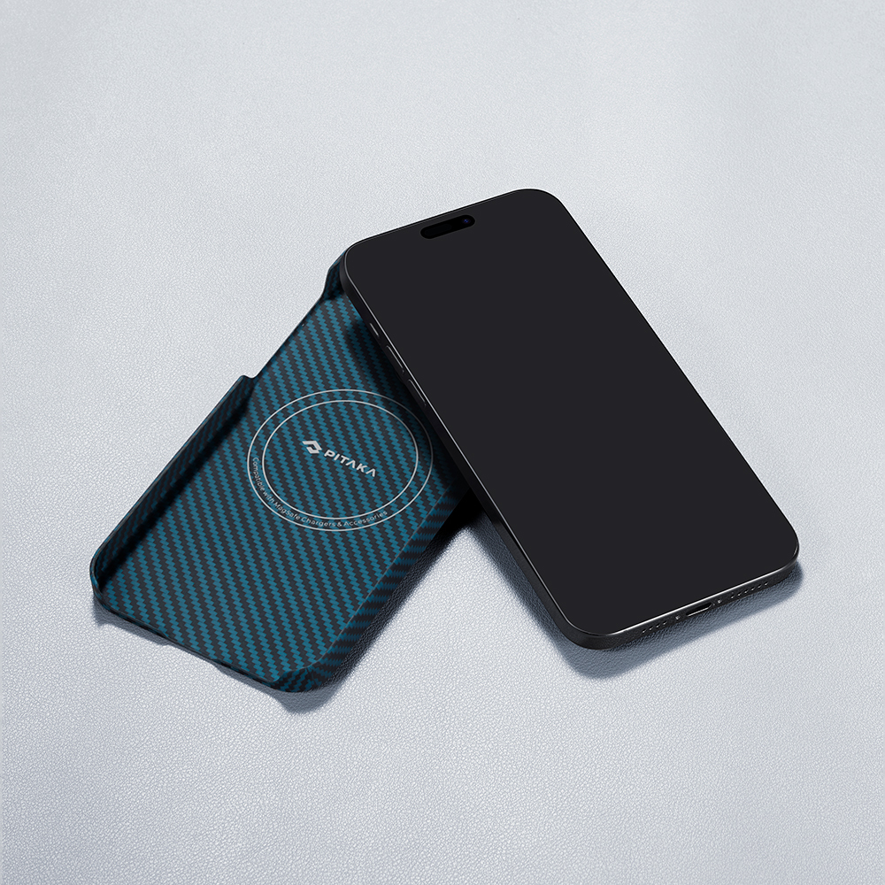 Apple iPhone 15 Pro Uyumlu Kılıf Magsafe Şarj Özellikli 1500D Aramid Fiber Pitaka Ultra-Slim Classic Serisi Black-Blue Twill Kapak - 14
