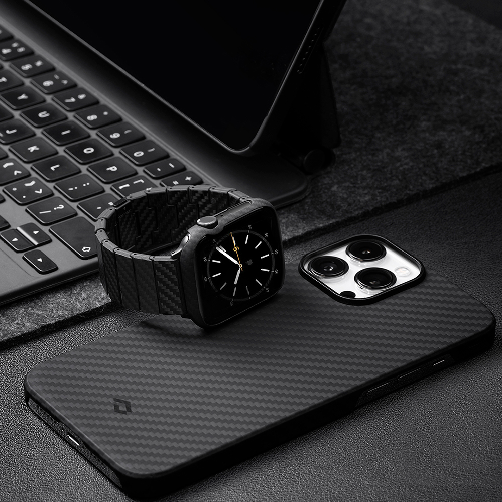 Apple Watch 7 45mm Uyumlu 600D Aramid Fiber Classic Serisi Black-Grey Twill Kasa Koruyucu Pitaka Air Case - 17
