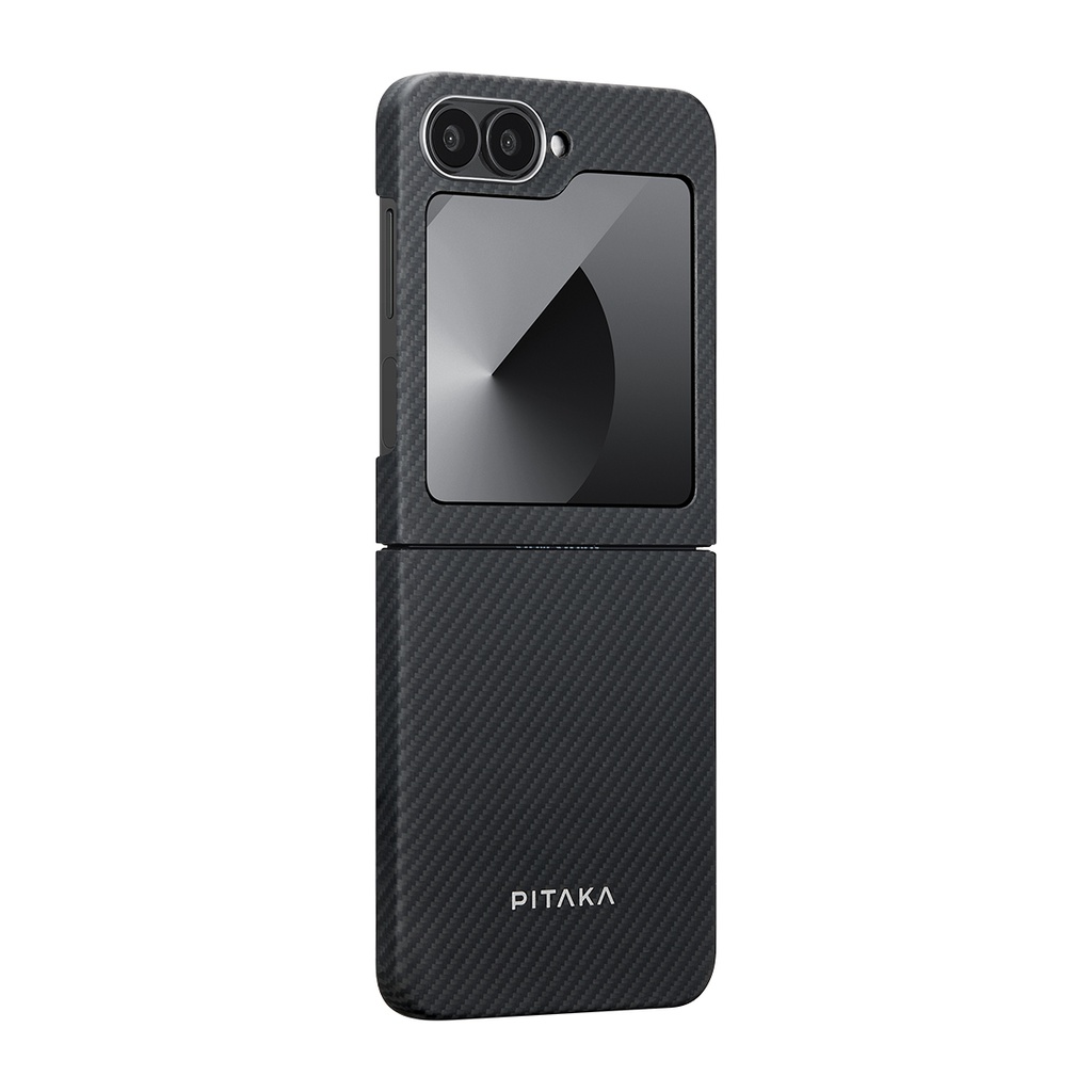 Samsung Galaxy Z Flip 6 Uyumlu Kılıf Magsafe Şarj Özellikli 600D Aramid Fiber Pitaka Ultra-Slim Classic Serisi Black-Grey Twill Kapak - 1