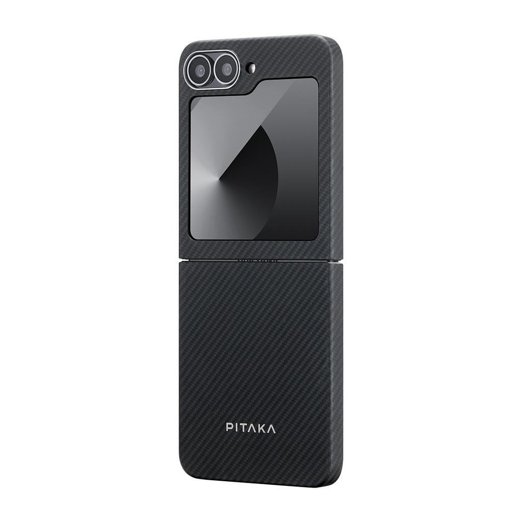 Samsung Galaxy Z Flip 6 Uyumlu Kılıf Magsafe Şarj Özellikli 600D Aramid Fiber Pitaka Ultra-Slim Classic Serisi Black-Grey Twill Kapak - 3
