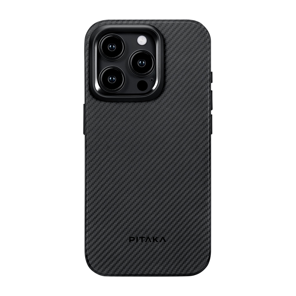 Apple iPhone 15 Pro Max Uyumlu Kılıf Magsafe Şarj Özellikli 600D Aramid Fiber Pitaka Military-Grade Classic Serisi Black-Grey Twill Kapak - 1