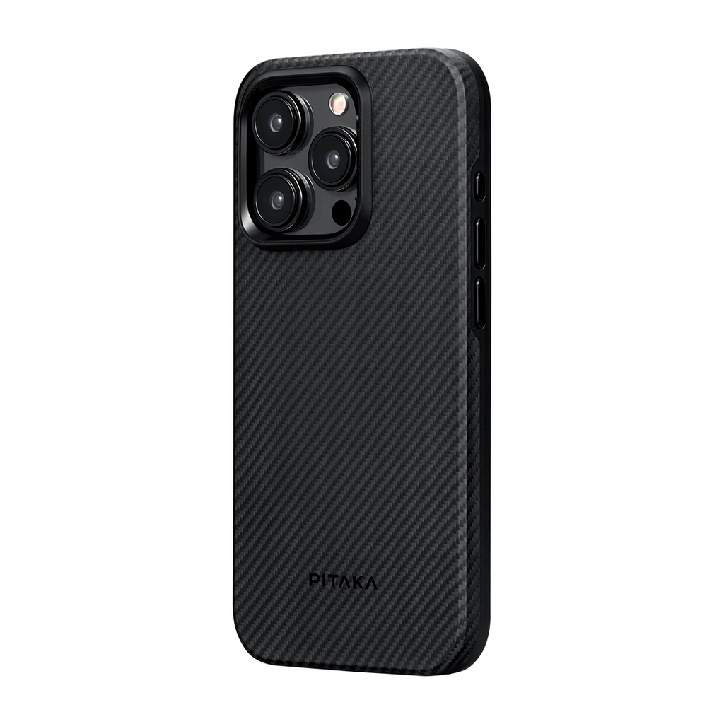 Apple iPhone 15 Pro Max Uyumlu Kılıf Magsafe Şarj Özellikli 600D Aramid Fiber Pitaka Military-Grade Classic Serisi Black-Grey Twill Kapak - 2
