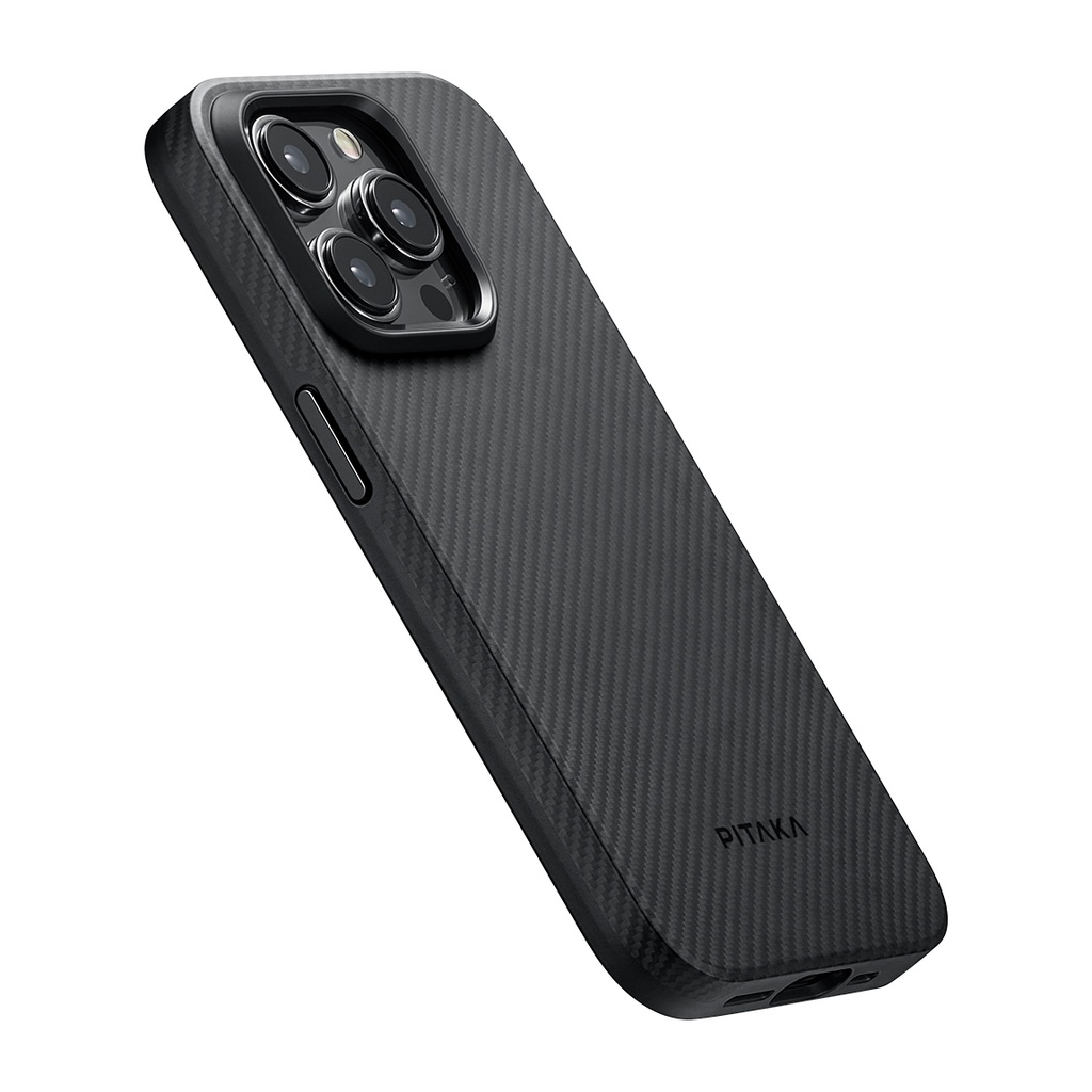 Apple iPhone 15 Pro Max Uyumlu Kılıf Magsafe Şarj Özellikli 600D Aramid Fiber Pitaka Military-Grade Classic Serisi Black-Grey Twill Kapak - 9