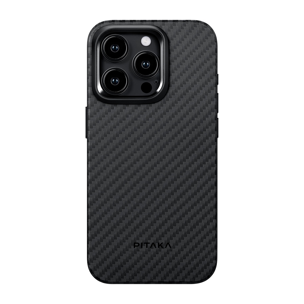 Apple iPhone 15 Pro Max Uyumlu Kılıf Magsafe Şarj Özellikli 1500D Aramid Fiber Pitaka Military-Grade Classic Serisi Black-Grey Twill Kapak - 1