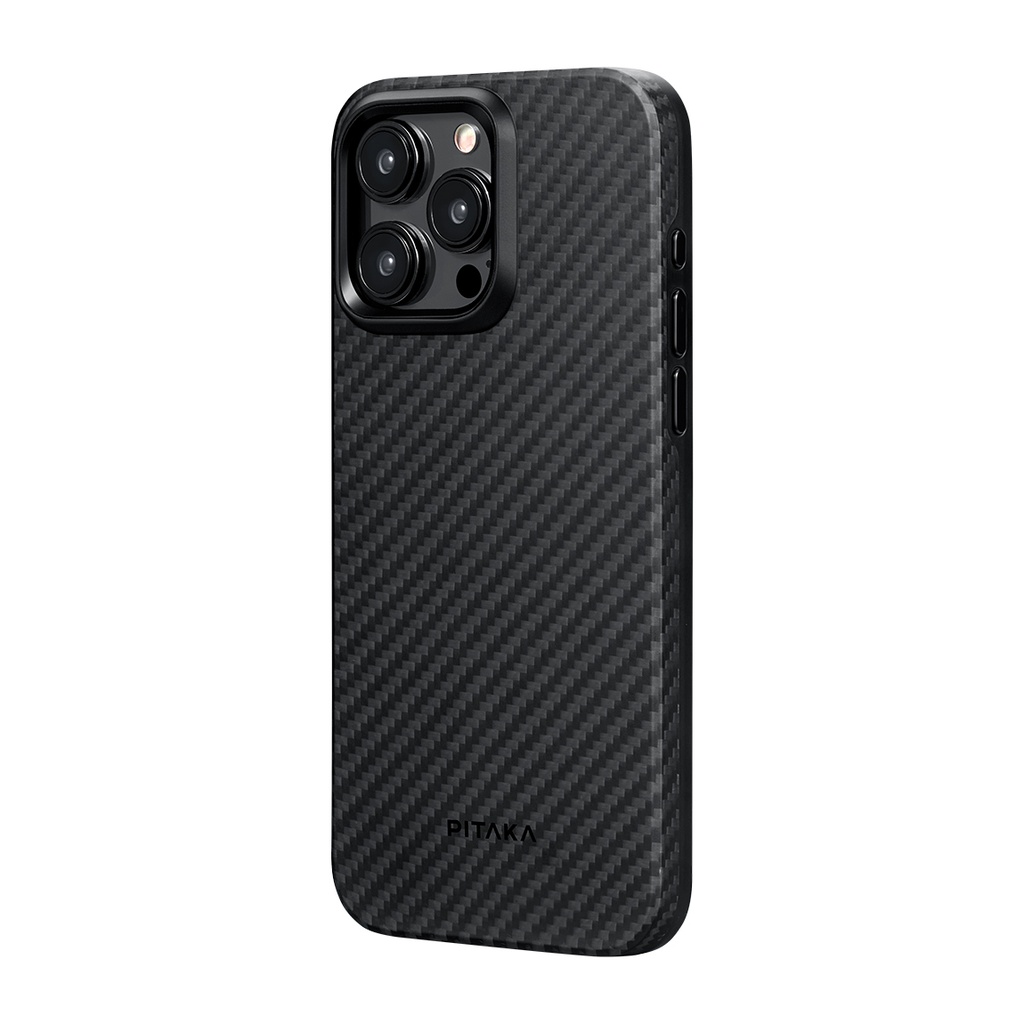 Apple iPhone 15 Pro Max Uyumlu Kılıf Magsafe Şarj Özellikli 1500D Aramid Fiber Pitaka Military-Grade Classic Serisi Black-Grey Twill Kapak - 2