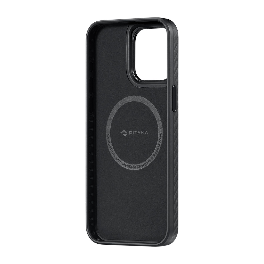 Apple iPhone 15 Pro Max Uyumlu Kılıf Magsafe Şarj Özellikli 1500D Aramid Fiber Pitaka Military-Grade Classic Serisi Black-Grey Twill Kapak - 4