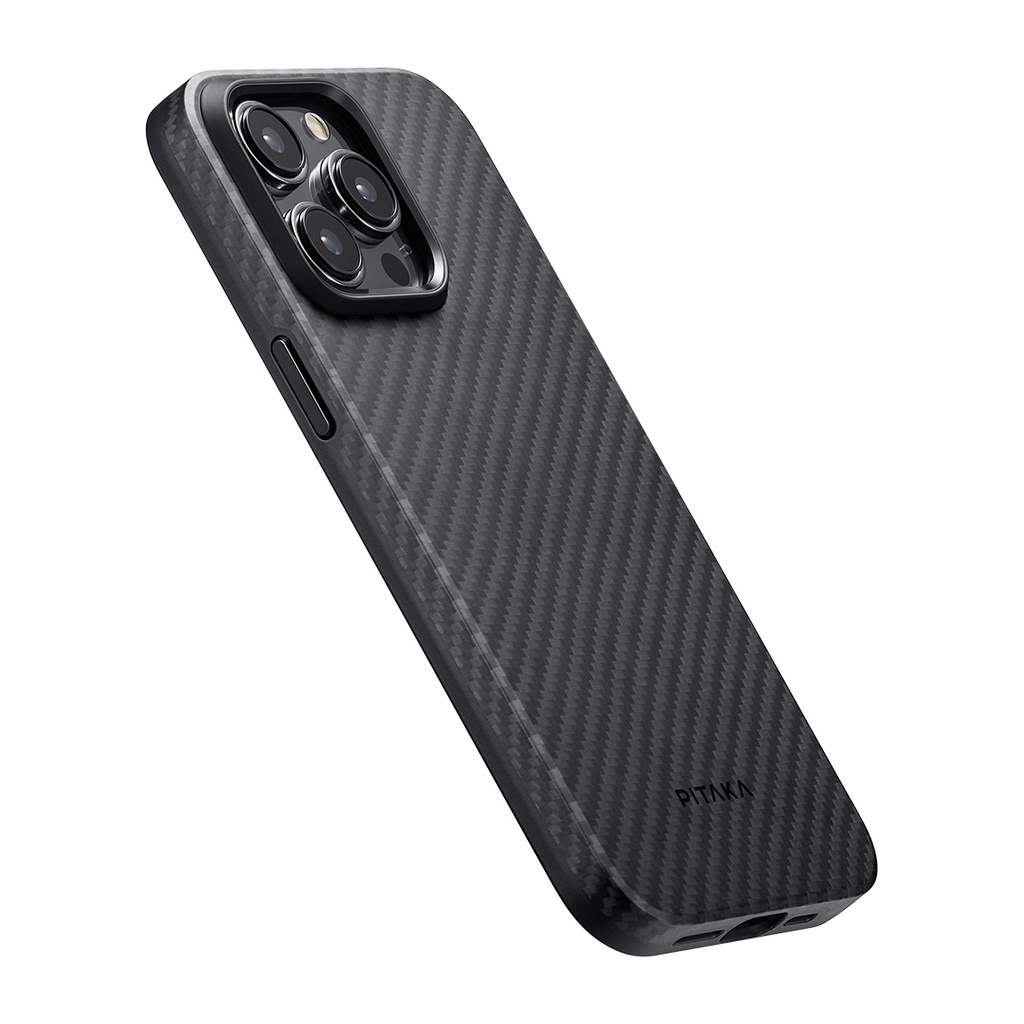 Apple iPhone 15 Pro Max Uyumlu Kılıf Magsafe Şarj Özellikli 1500D Aramid Fiber Pitaka Military-Grade Classic Serisi Black-Grey Twill Kapak - 9