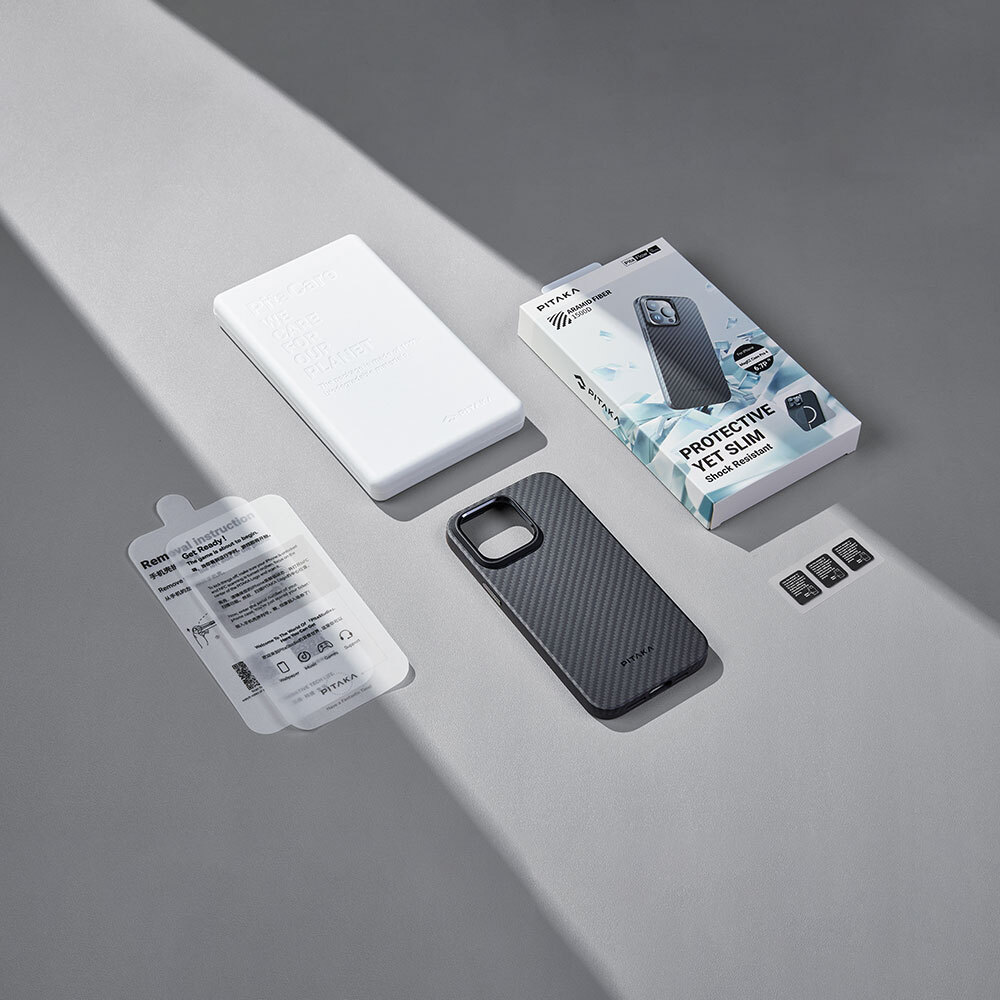 Apple iPhone 15 Pro Max Uyumlu Kılıf Magsafe Şarj Özellikli 1500D Aramid Fiber Pitaka Military-Grade Classic Serisi Black-Grey Twill Kapak - 21