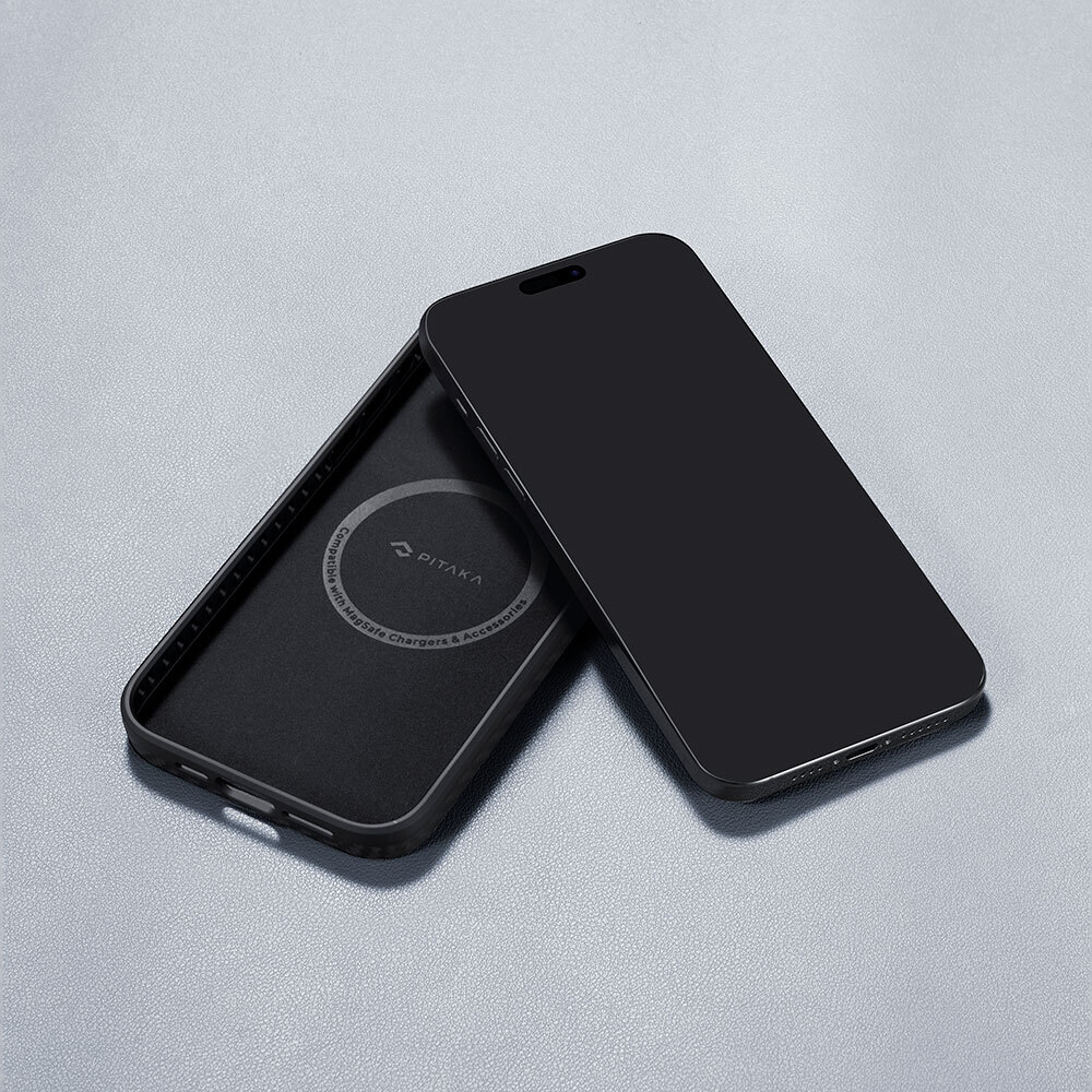 Apple iPhone 15 Pro Max Uyumlu Kılıf Magsafe Şarj Özellikli 1500D Aramid Fiber Pitaka Military-Grade Classic Serisi Black-Grey Twill Kapak - 22