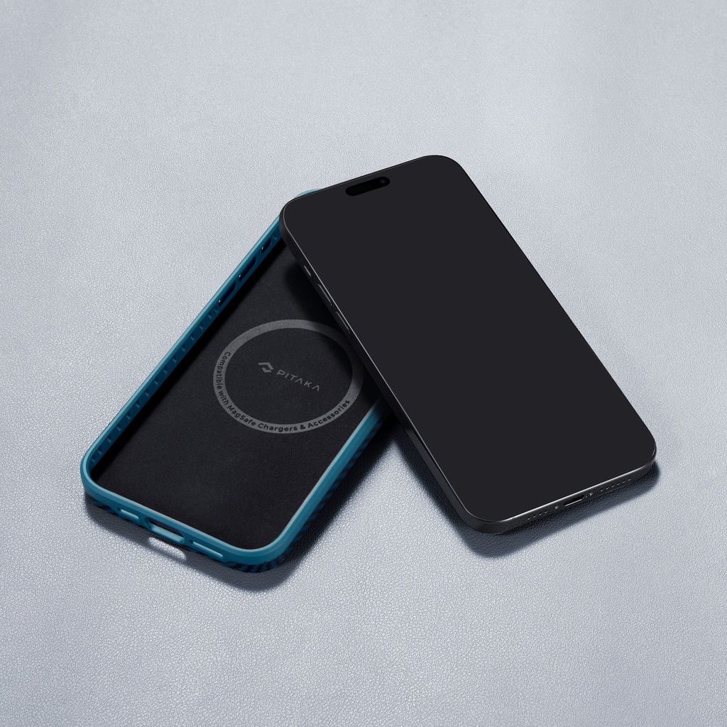 Apple iPhone 15 Pro Max Uyumlu Kılıf Magsafe Şarj Özellikli 1500D Aramid Fiber Pitaka Military-Grade Classic Serisi Black-Grey Twill Kapak - 23