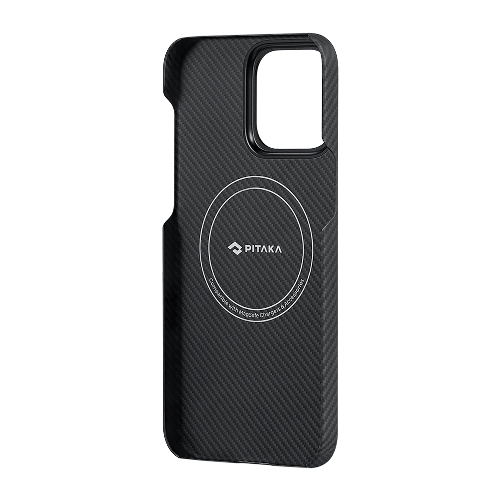 Apple iPhone 15 Pro Max Uyumlu Kılıf Magsafe Şarj Özellikli 600D Aramid Fiber Pitaka Ultra-Slim Classic Serisi Black-Grey Twill Kapak - 8