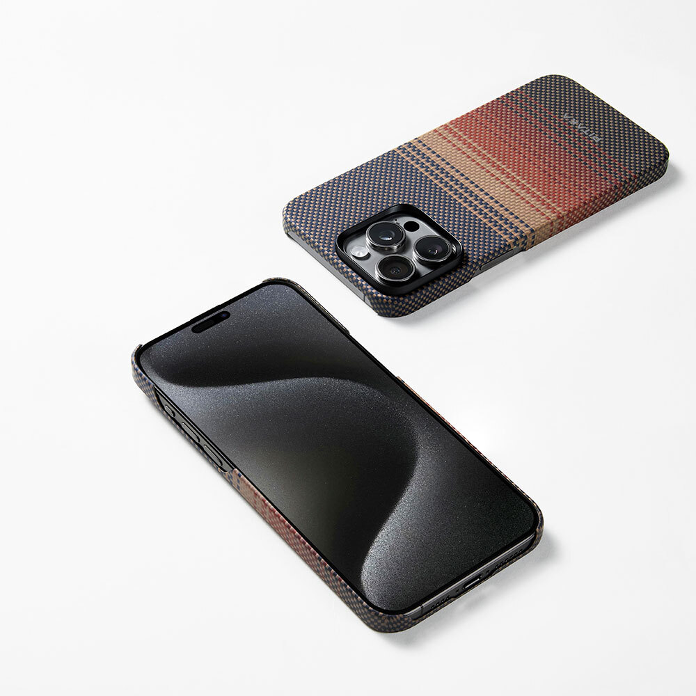 Apple iPhone 15 Pro Uyumlu Kılıf Magsafe Şarj Özellikli Aramid Fiber Pitaka Tactile Woven Sunset-Moonrise Serisi Sunset Kapak - 12