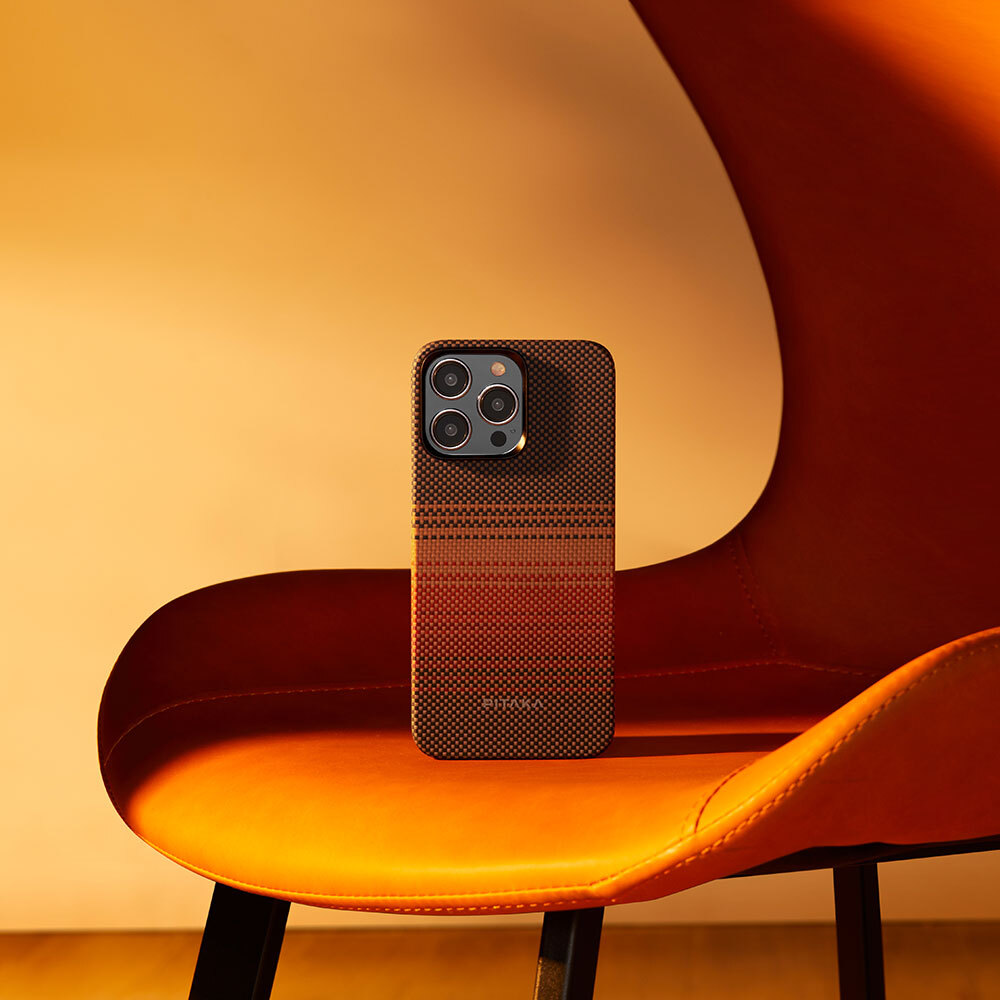 Apple iPhone 15 Pro Uyumlu Kılıf Magsafe Şarj Özellikli Aramid Fiber Pitaka Tactile Woven Sunset-Moonrise Serisi Sunset Kapak - 16