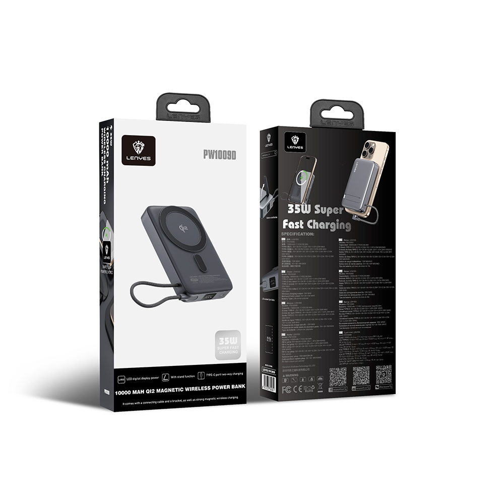 Lenyes PW1009D PD 35W Qi2 Teknolojili Type-C Kablolu Standlı Wireless Powerbank 15W 10000mAh - 8