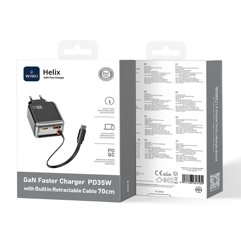 Wiwu Wi-G029 Helix Serisi GaN Teknolojili Hızlı Şarj Başlığı USB-A to Type-C PD 35W Type-C Kablolu Şarj Seti - 3