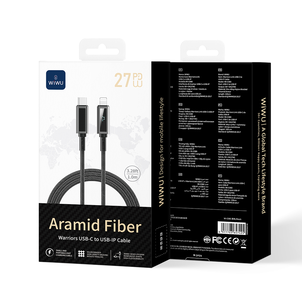 Wiwu Wi-C080 Warriors Serisi Aramid Fiber Dijital LED Göstergeli Type-C to Lightning PD Data ve Şarj Kablosu 27W 1M - 5