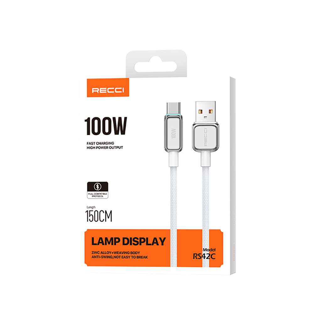 Recci RS42C Lamp Display Serisi USB-A to Type-C 100W Hızlı Şarj Özellikli Data ve Şarj Kablosu 1.5M - 6