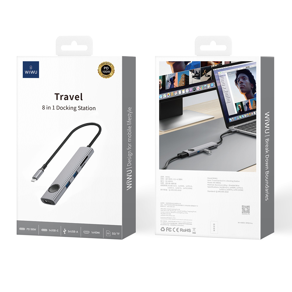 Wiwu Wi-HB8001 Travel Serisi 8in1 HDMI (4K@60Hz) Girişli 100W PD Type-C Hub Bağlantı İstasyonu - 5