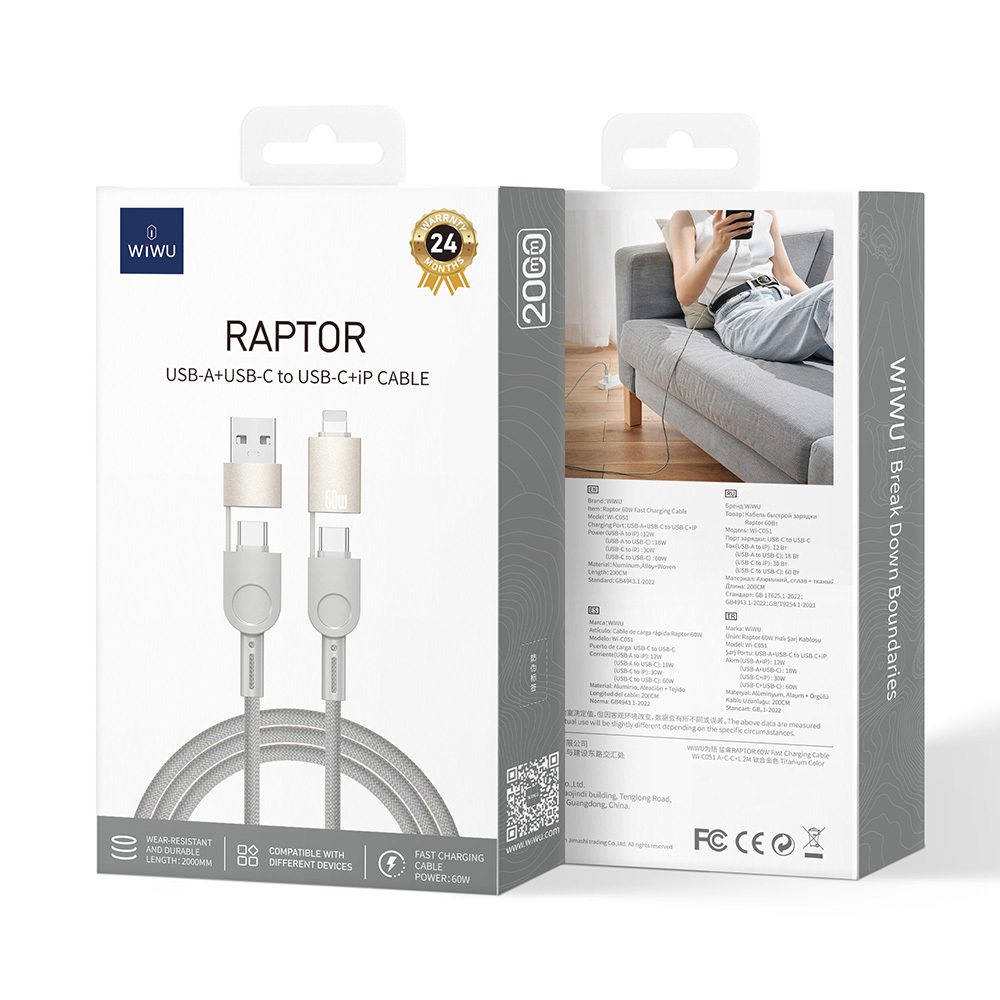 Wiwu 4in1 Raptor Serisi Çoklu USB-A + Type-C to Type-C + Lightning Şarj ve Data Kablosu 60W 200cm - 3