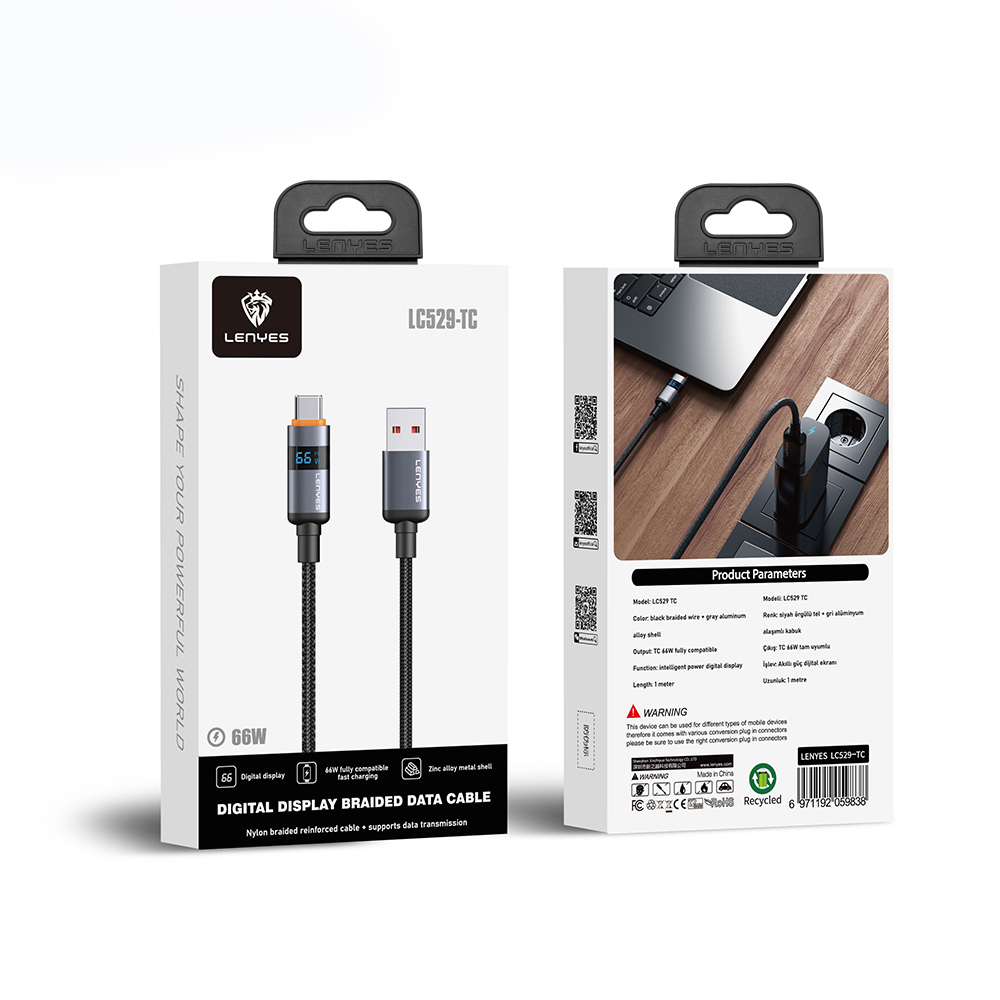 Lenyes LC529 USB-A to Type-C LED Dijital Göstergeli Hızlı Şarj Özellikli Data ve Şarj Kablosu 66W 1M - 6