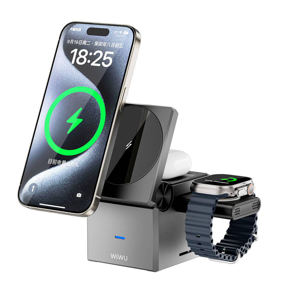 Wiwu Wi-W030 Small Square Küp Tasarımlı Telefon & Akıllı Saat & Kulaklık İçin 15W 3in1 Kablosuz Şarj Standı - 3