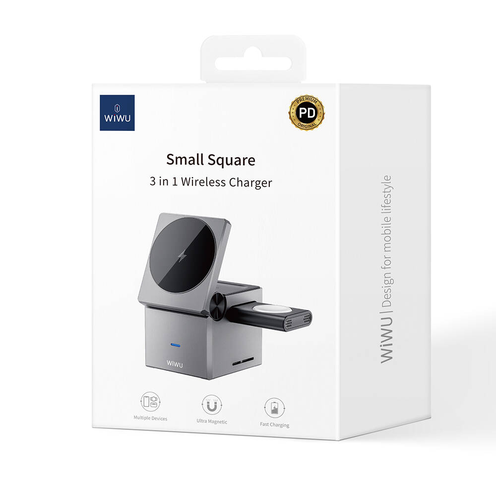 Wiwu Wi-W030 Small Square Küp Tasarımlı Telefon & Akıllı Saat & Kulaklık İçin 15W 3in1 Kablosuz Şarj Standı - 5