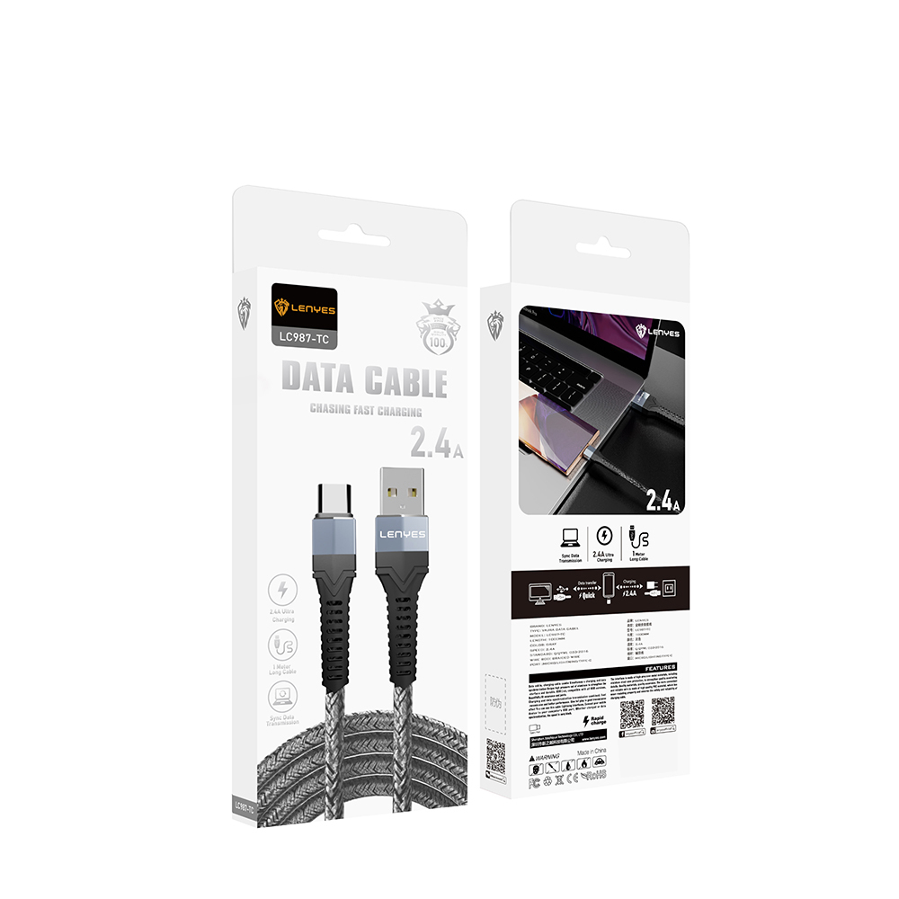 Lenyes LC987 USB-A to Type-C Hızlı Şarj Özellikli Örgülü Data ve Şarj Kablosu 1M 2.4A - 5