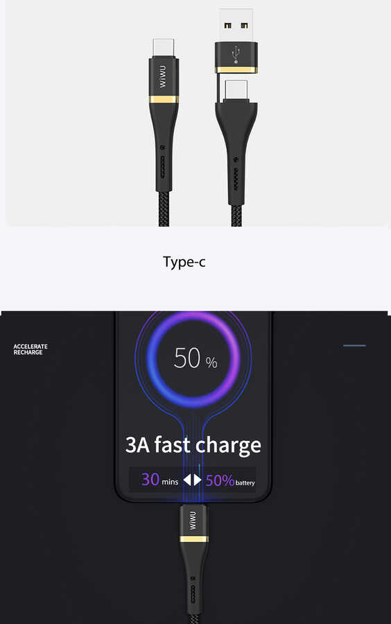 Wiwu ED-106 2 in 1 USB A- Type-C to Type-C Elite Data Kablo - 3