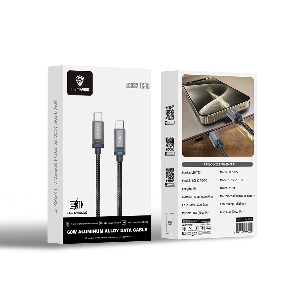 Lenyes LC532 Type-C to Type-C Hızlı Şarj Özellikli Data ve Şarj Kablosu 60W 1M - 1