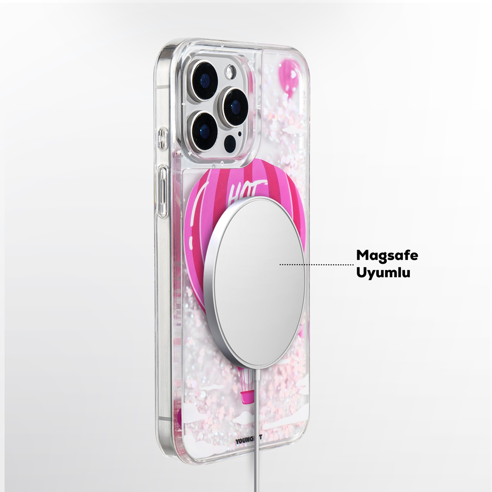 Apple iPhone 16 Pro Max Uyumlu Kılıf Magsafe Şarj Özellikli Parlak Kumlu Sıvılı Youngkit Pink Dream Quicksand Serisi Kapak - 5