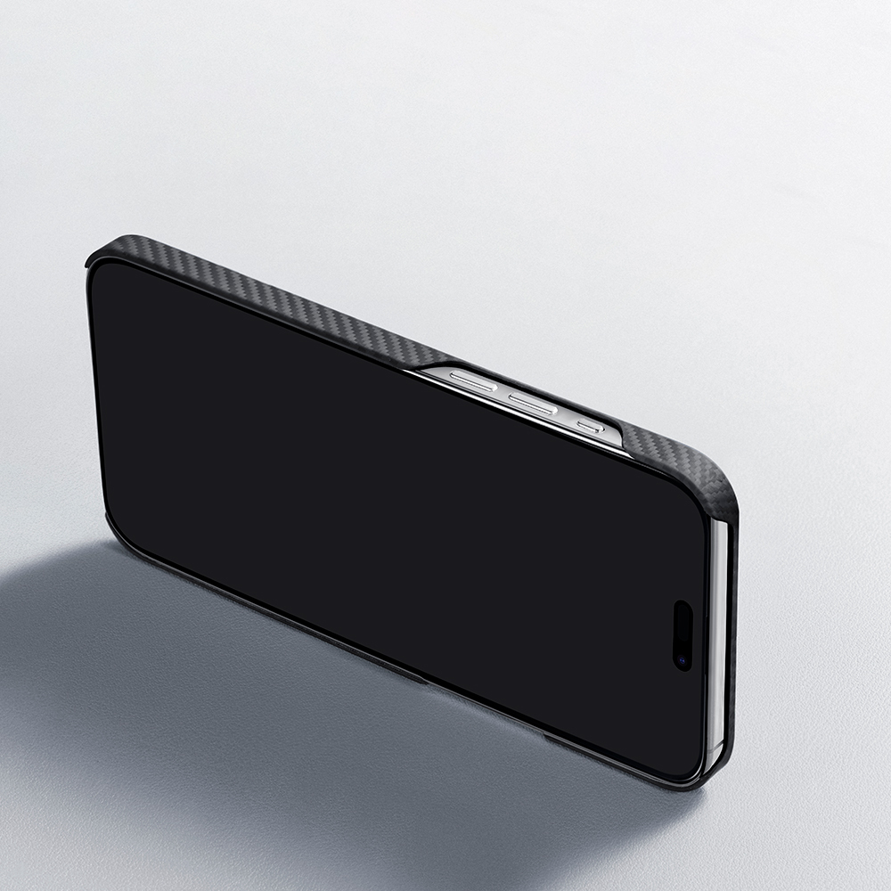 Apple iPhone 15 Plus Uyumlu Kılıf Magsafe Şarj Özellikli 600D Aramid Fiber Pitaka Ultra-Slim Classic Serisi Black-Grey Twill Kapak - 9