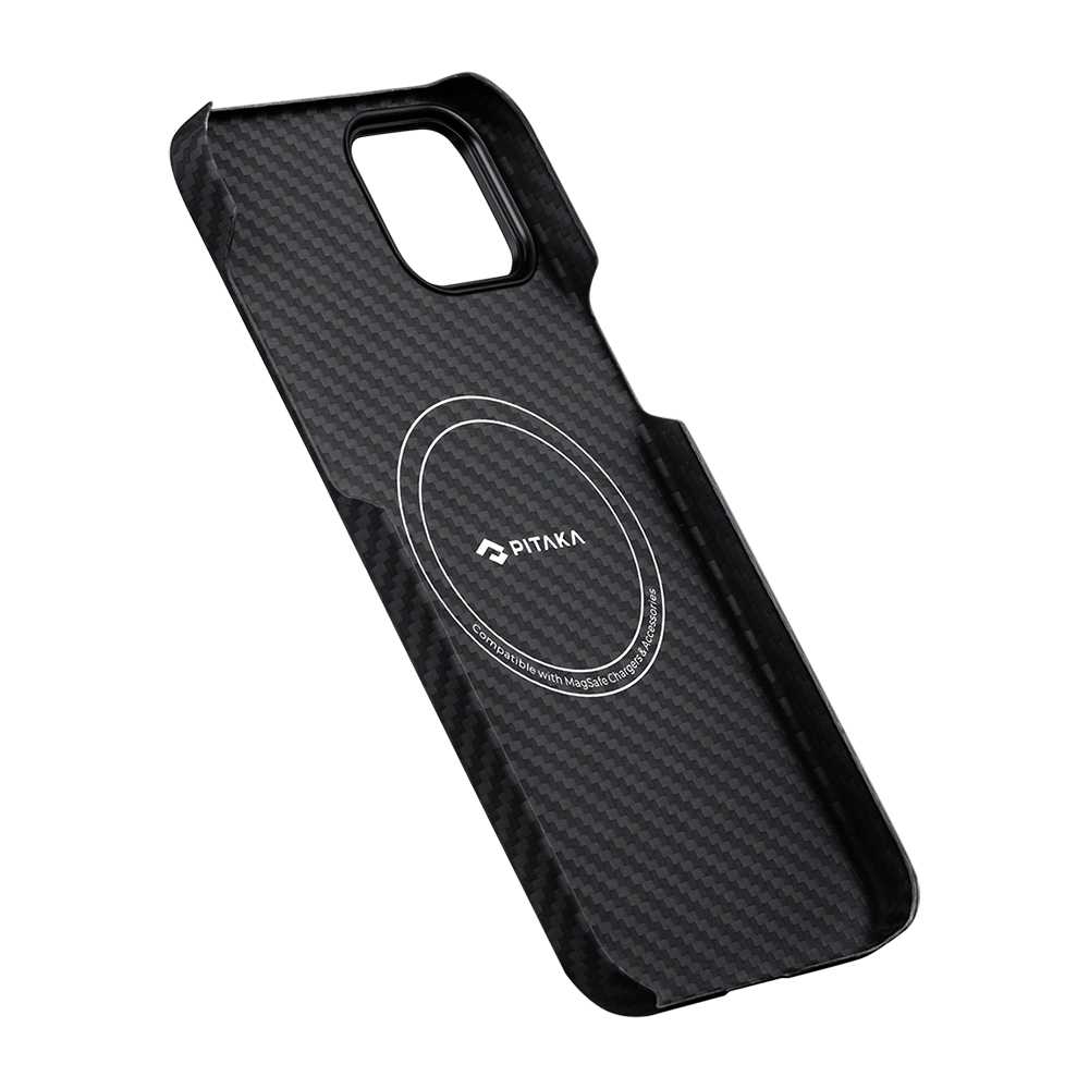 Apple iPhone 14 Uyumlu Kılıf Magsafe Şarj Özellikli 1500D Aramid Fiber Pitaka Ultra-Slim Classic Serisi Black-Grey Twill Kapak - 6