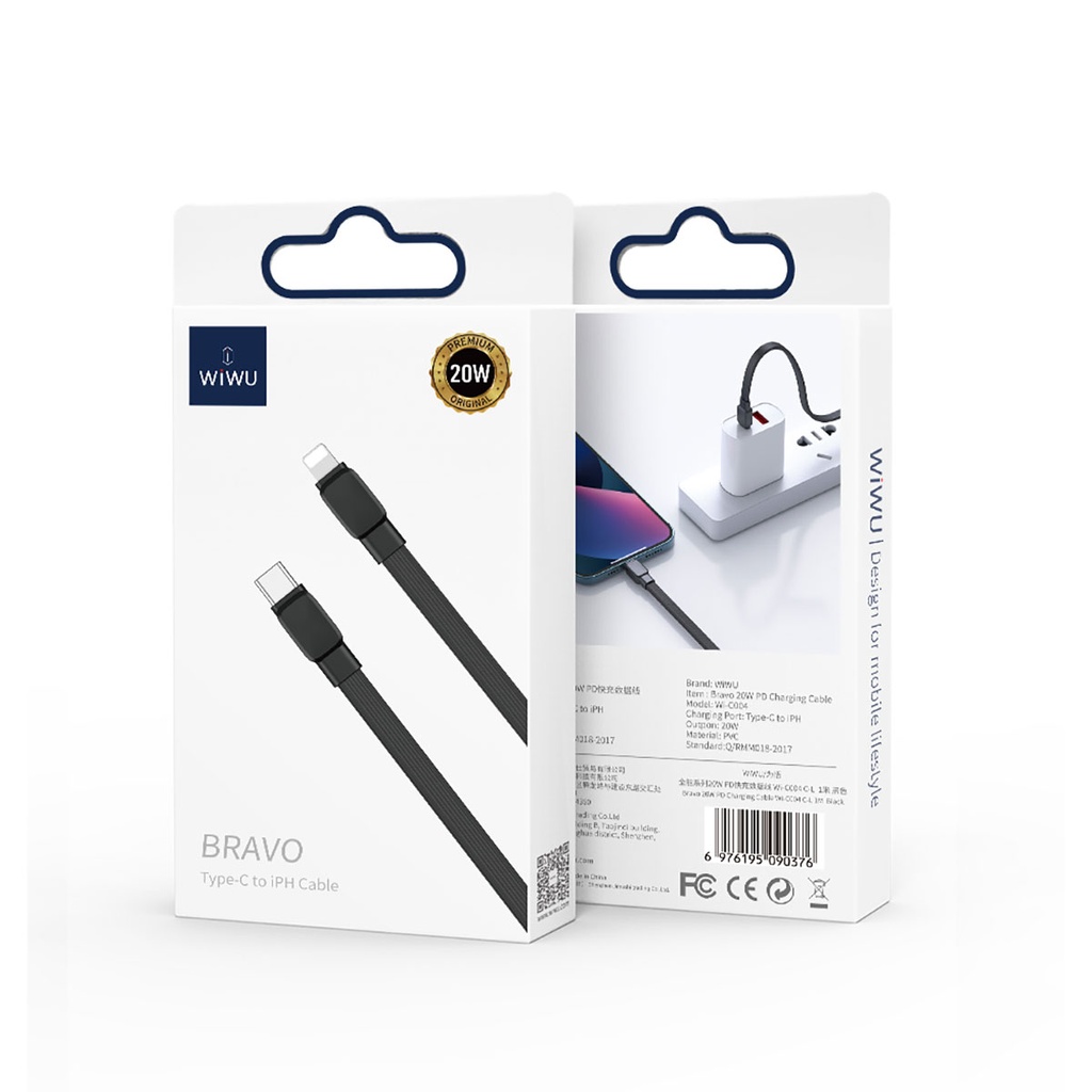 Wiwu Bravo Wİ-C004 Yassı Tasarım 20W Hızlı Şarj Özellikli Type-C to Lightning PD Kablo 1M - 9