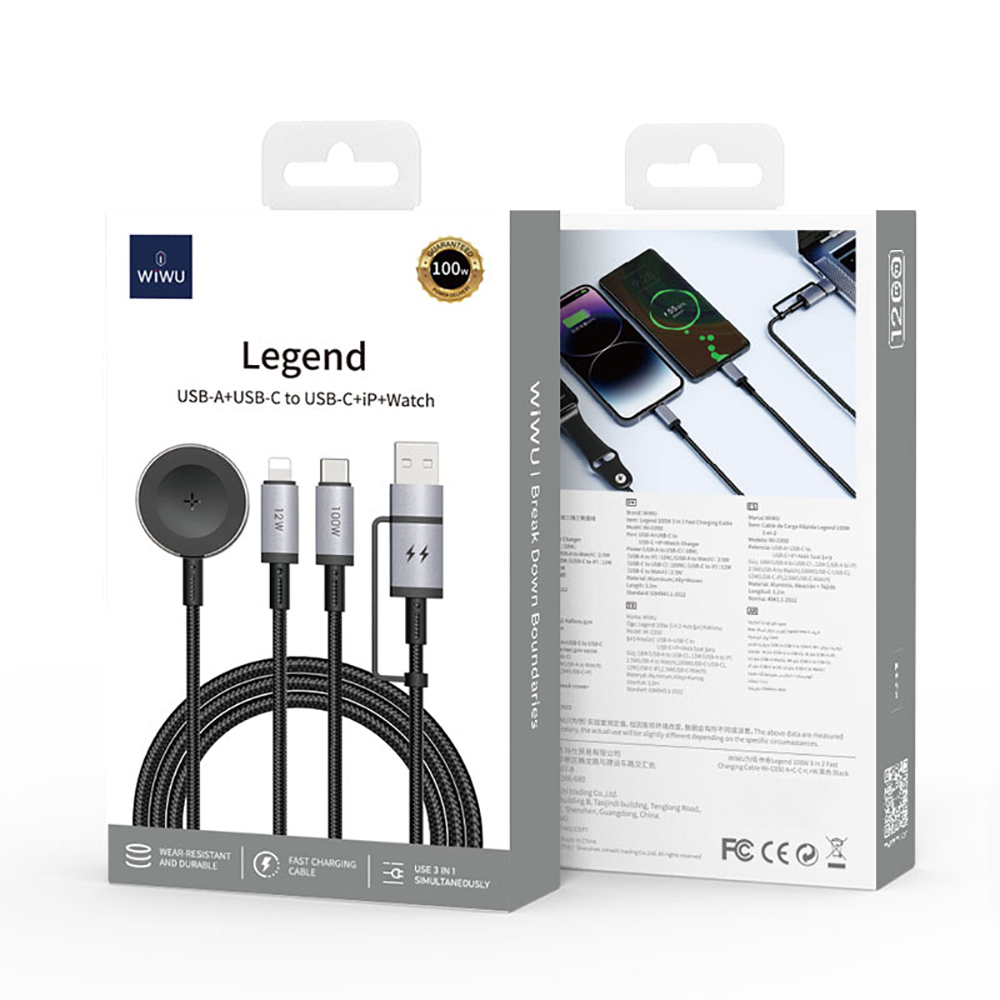 Wiwu Wi-C050 Legend Serisi 3in1 USB-A + Type-C to Lightning – Type-C – Akıllı Saat Şarj Kablosu 100W 1.2M - 7