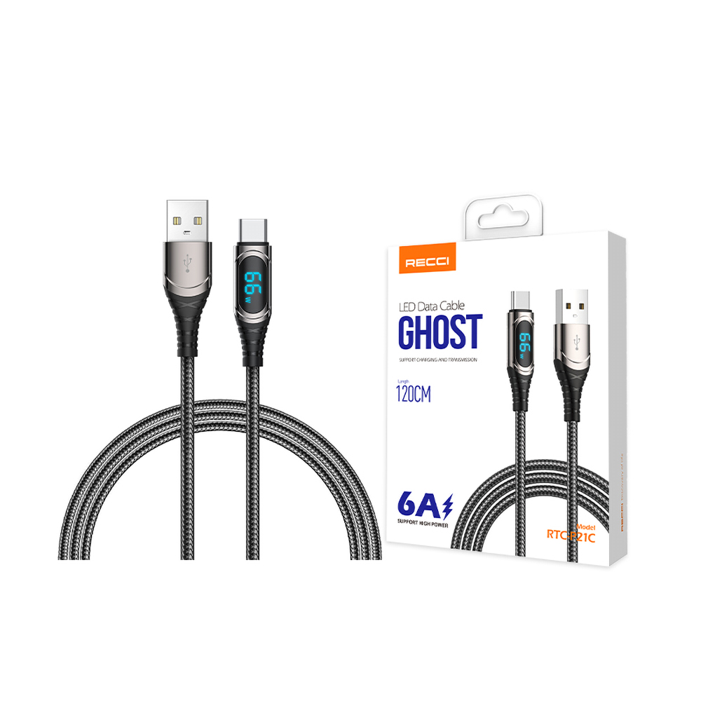 Recci RTC-P21C Ghost Serisi 66W 6A Hızlı Şarj Özellikli USB-A To Type-C Kablo 1.2M - 5