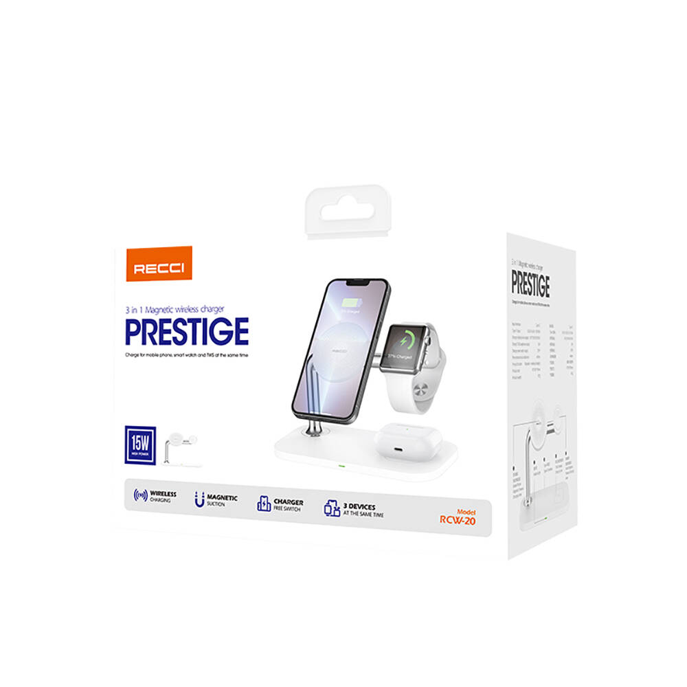 Recci RCW-20 Prestige Serisi 3in1 M-safe 15W Hızlı Şarj Özellikli Magnetik Kablosuz Şarj Standı - 3