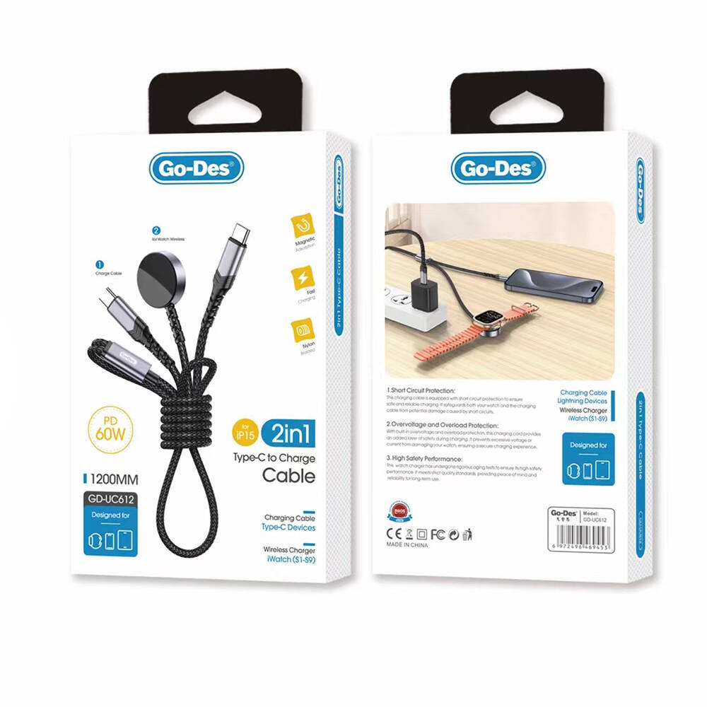 Go Des GD-UC612 2in1 iOS Watch Uyumlu Wireless Type-C PD Hızlı Şarj Kablosu 60W 1.2M - 1