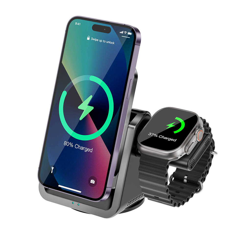 Wiwu Wi-W018 Coolpad Serisi Telefon ve Akıllı Saat İçin 15W 3in1 Kablosuz Şarj Standı - 1