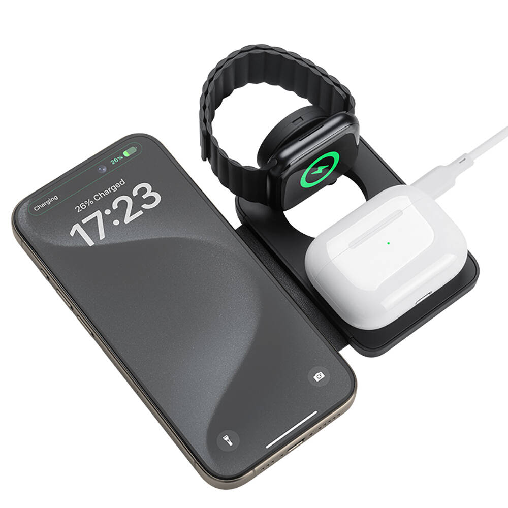 Benks W12-01 Telefon&Akıllı Saat&Kulaklık İçin 15W 3in1 Katlanabilir Magnetik Kablosuz Şarj Standı - 1