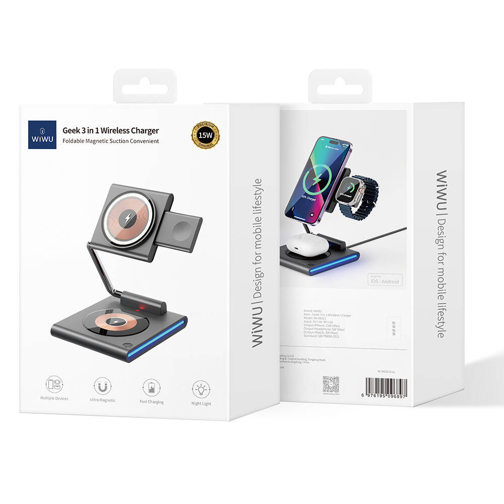 Wiwu Wi-W023 Geek Telefon&Akıllı Saat&Kulaklık İçin 15W 3in1 Katlanabilen Hareketli Başlık Kablosuz Şarj Standı - 6