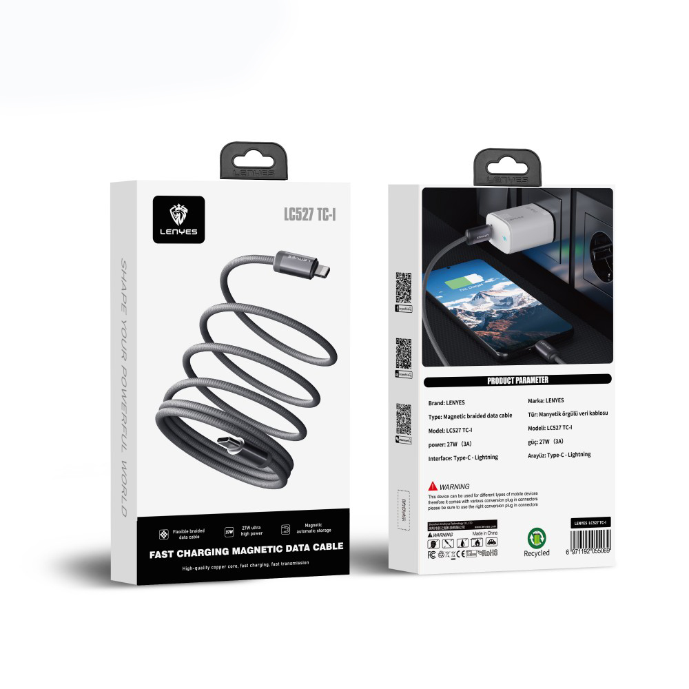 Lenyes LC527 Spiral Magnetik Örgülü Tasarım Type-C to Lightning Hızlı Şarj Özellikli Data ve Şarj Kablosu 27W 1M - 7