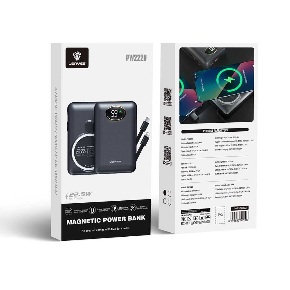 Lenyes PW222D Dijital LED Göstergeli Kablosuz Şarj Özellikli Type-C ve Lightning Kablolu Powerbank 18W 20.000mAh - 5