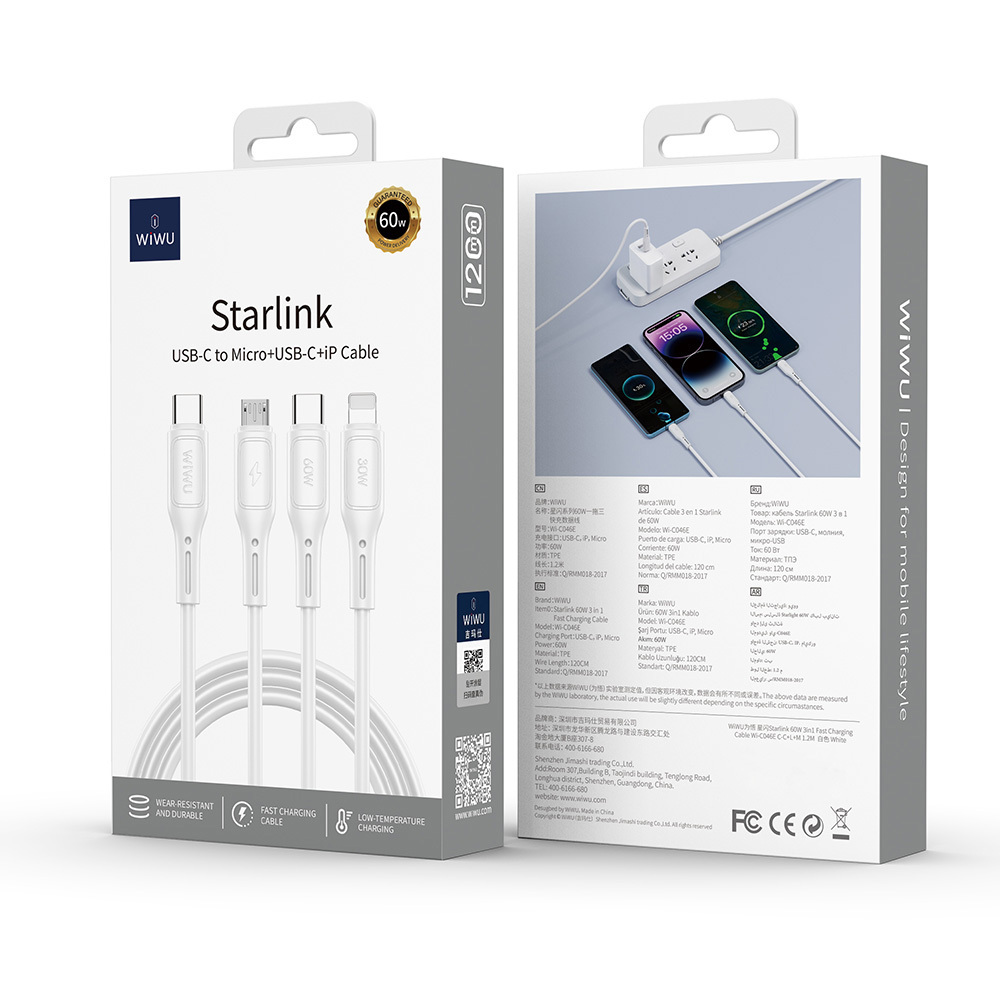 Wiwu Wi-C046E Starlink Serisi 3in1 USB-C to Lightning – Type-C – Micro Şarj ve Data Kablosu 60W 1.2M - 3