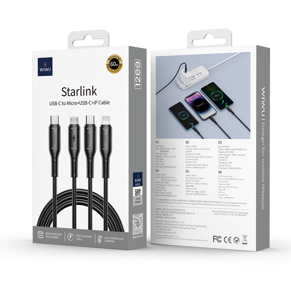 Wiwu Wi-C046E Starlink Serisi 3in1 USB-C to Lightning – Type-C – Micro Şarj ve Data Kablosu 60W 1.2M - 6