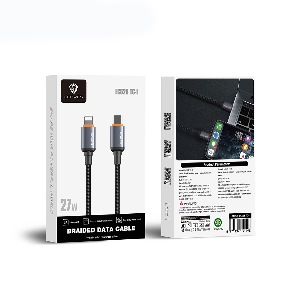 Lenyes LC528 Type-C to Lightning Hızlı Şarj Özellikli Örgülü Data ve Şarj Kablosu 27W 1M - 5