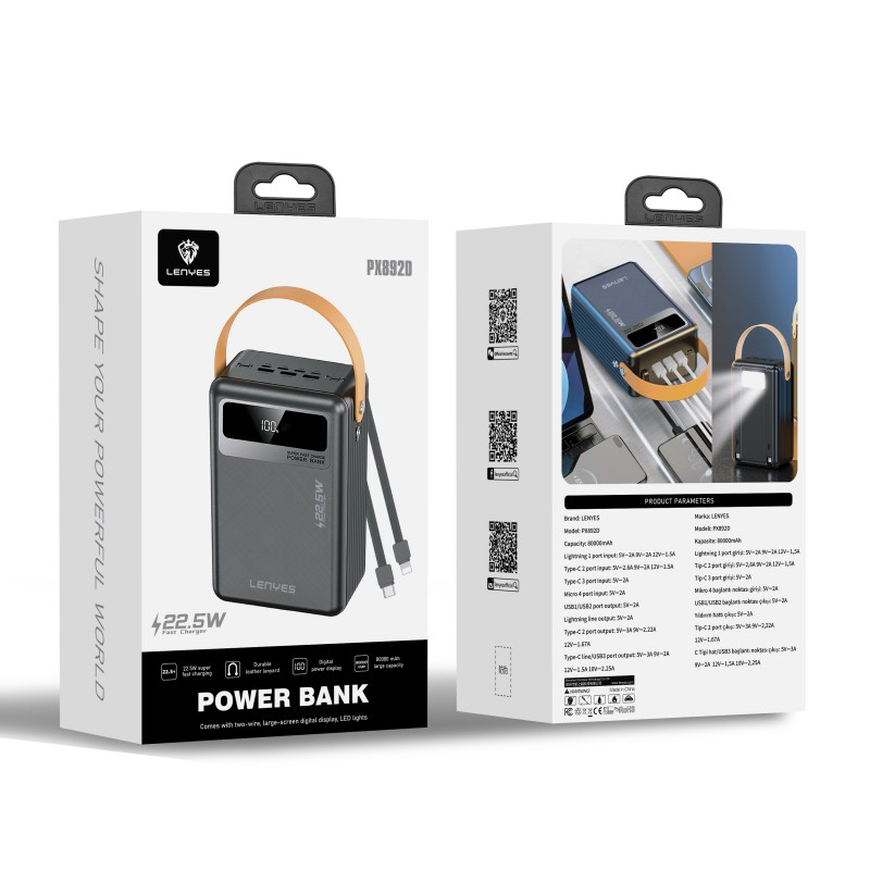 Lenyes PX892D LED Göstergeli Taşınabilir Askılı ve Led Işıklı Powerbank 22.5W 80.000mAh - 7